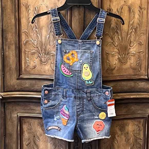 NWT! Cat&Jack Kids Girls distressed denim jean overalls shorts patches M 7/8 - Picture 13 of 14